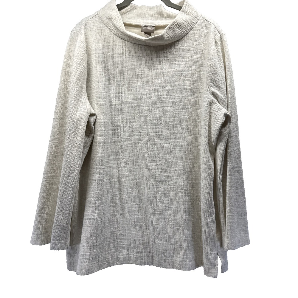 Chicos Women's Top Size Large Solid Ivory Mock Neck Long Sleeves Cotton Blend